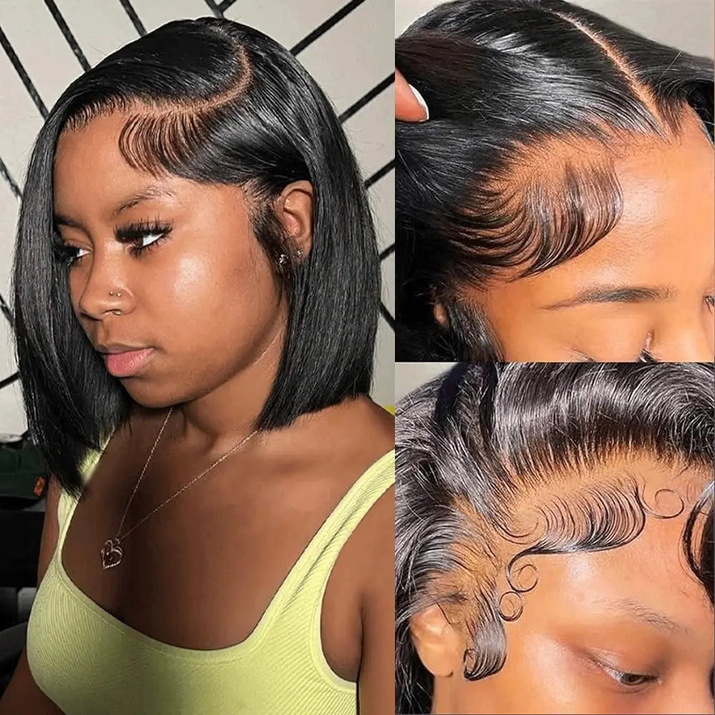 Straight Short Bob Wig Human Hair 13x4 Transparent Lace Front Wigs 230 Density Natural Black Bone Straight Short Human Hair Wigs