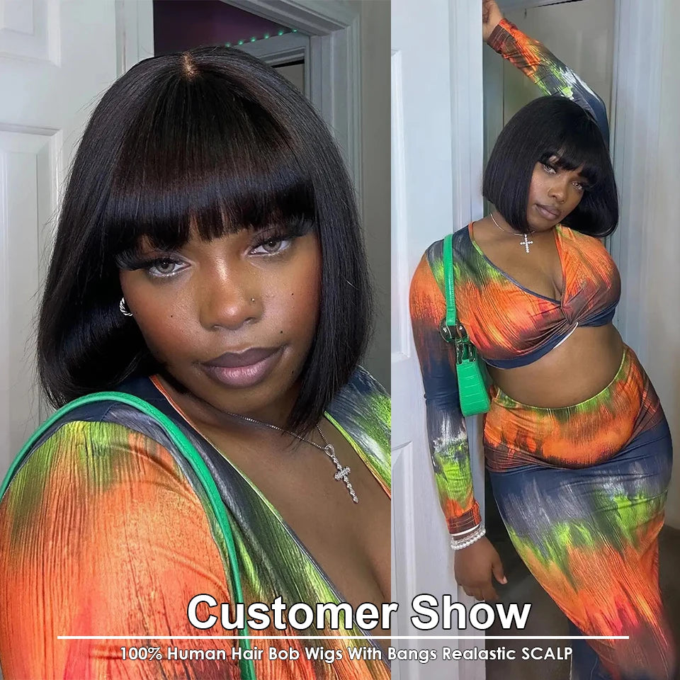 Straight Human Hair Wigs With Bangs Fringe Middle Part Bob Lace Wigs Realistic Scalp Brazilian Straight Bob Lace Wigs With Bangs