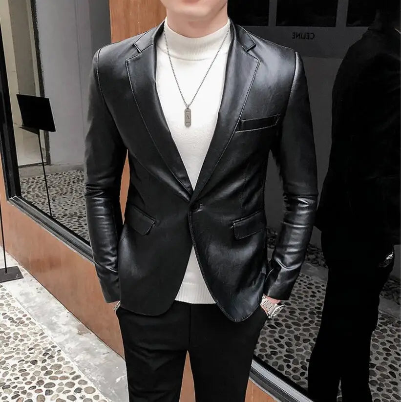 Slim Fit Blazers Jackets For Men PU Leather Suit Coats Men Leather Jackets Male Business Casual Suit Coats Man Blazers Size 4XL
