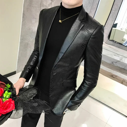 Slim Fit Blazers Jackets For Men PU Leather Suit Coats Men Leather Jackets Male Business Casual Suit Coats Man Blazers Size 4XL