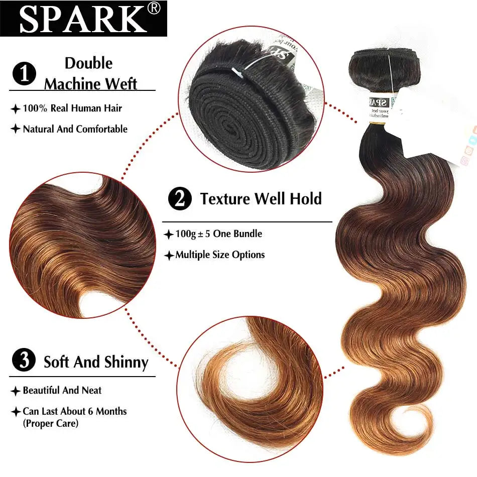 Spark Hair Ombre Brazilian Body Wave Hair 1/3/4 Bundles 100% Human Hair Weave Bundles 100% Remy human Hair