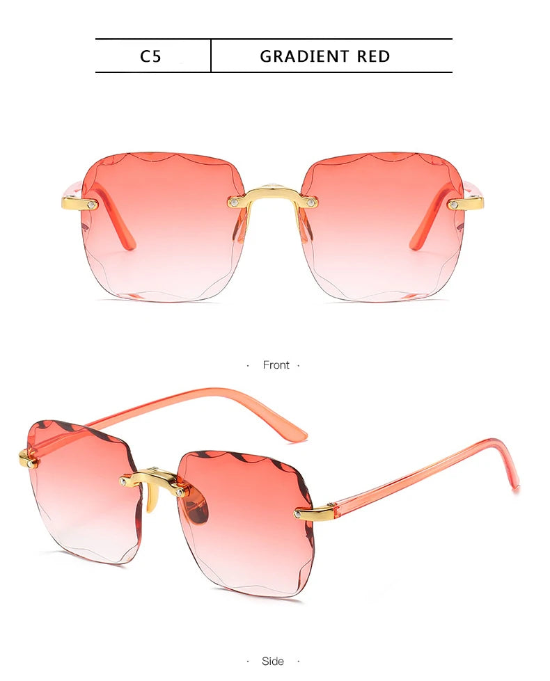 3PCS Square Rimless Sunglasses Women Luxury Brand Designer Summer Red Glasses Fashion Sun glasses For Men UV400 Shades Oculos