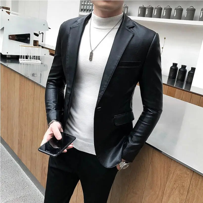 Slim Fit Blazers Jackets For Men PU Leather Suit Coats Men Leather Jackets Male Business Casual Suit Coats Man Blazers Size 4XL