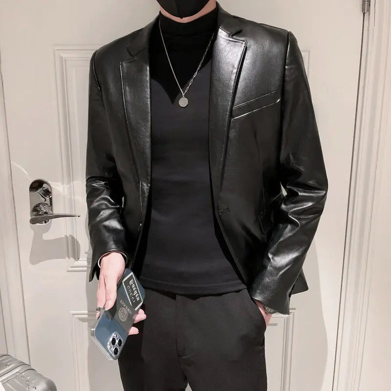 Slim Fit Blazers Jackets For Men PU Leather Suit Coats Men Leather Jackets Male Business Casual Suit Coats Man Blazers Size 4XL