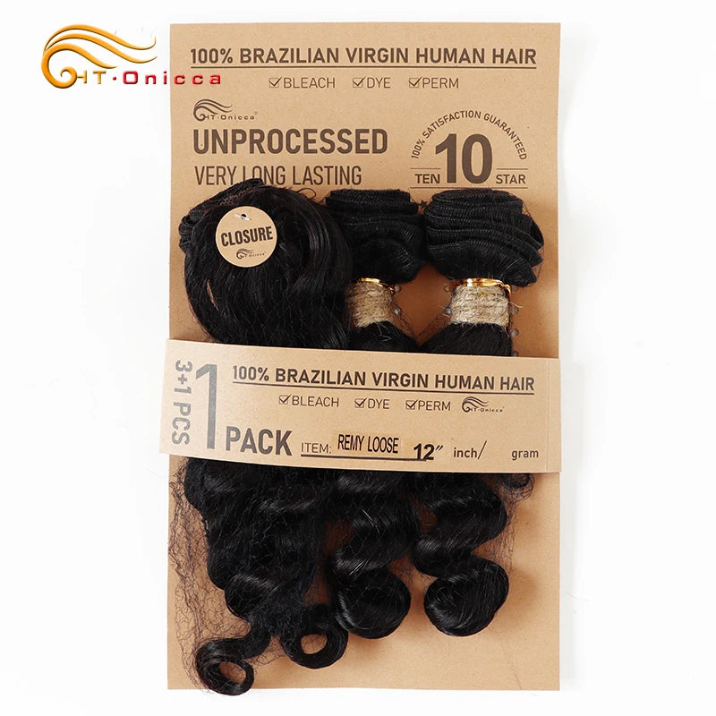 Brazilian Straight Bundles With Closure Machine Made Closure 100% Remy Human Hair 3 Bundles With Closure Natural Color