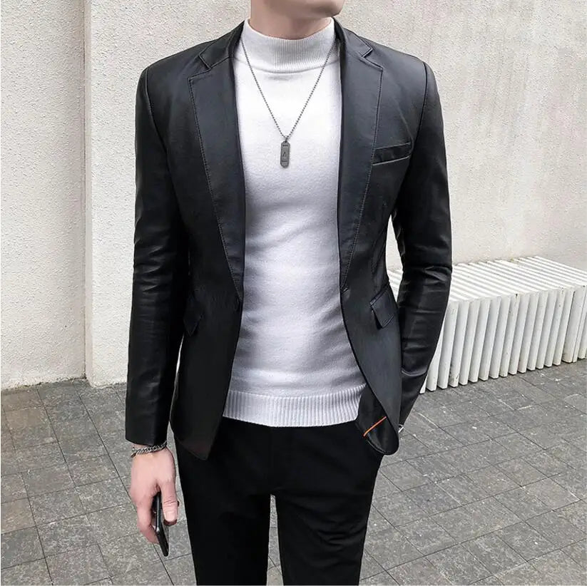 Slim Fit Blazers Jackets For Men PU Leather Suit Coats Men Leather Jackets Male Business Casual Suit Coats Man Blazers Size 4XL