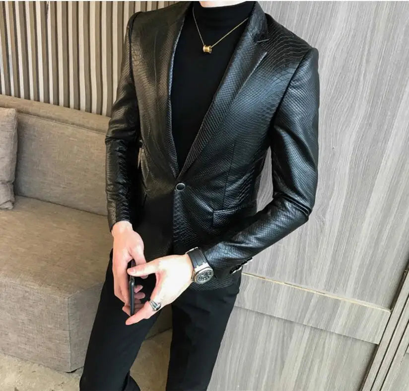 Slim Fit Blazers Jackets For Men PU Leather Suit Coats Men Leather Jackets Male Business Casual Suit Coats Man Blazers Size 4XL