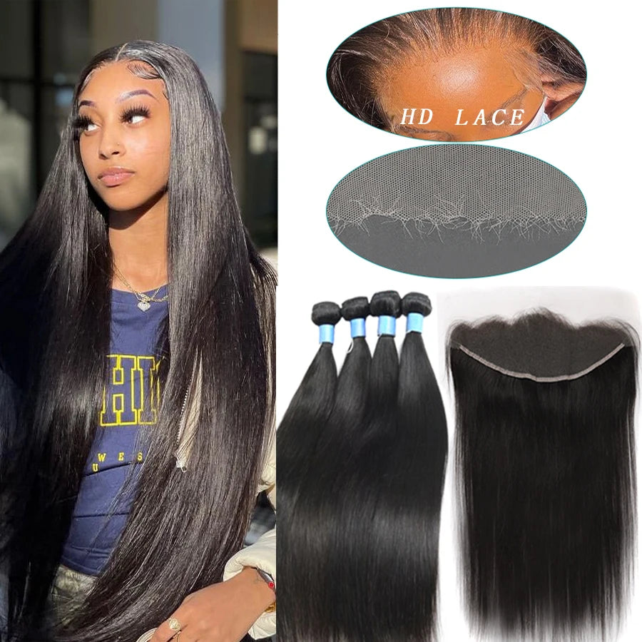 32 inch Bone Straight Hair Bundles With HD Lace Frontal Melt Skins Brazilian Human Hair Extension HD Lace Closure With Bundles