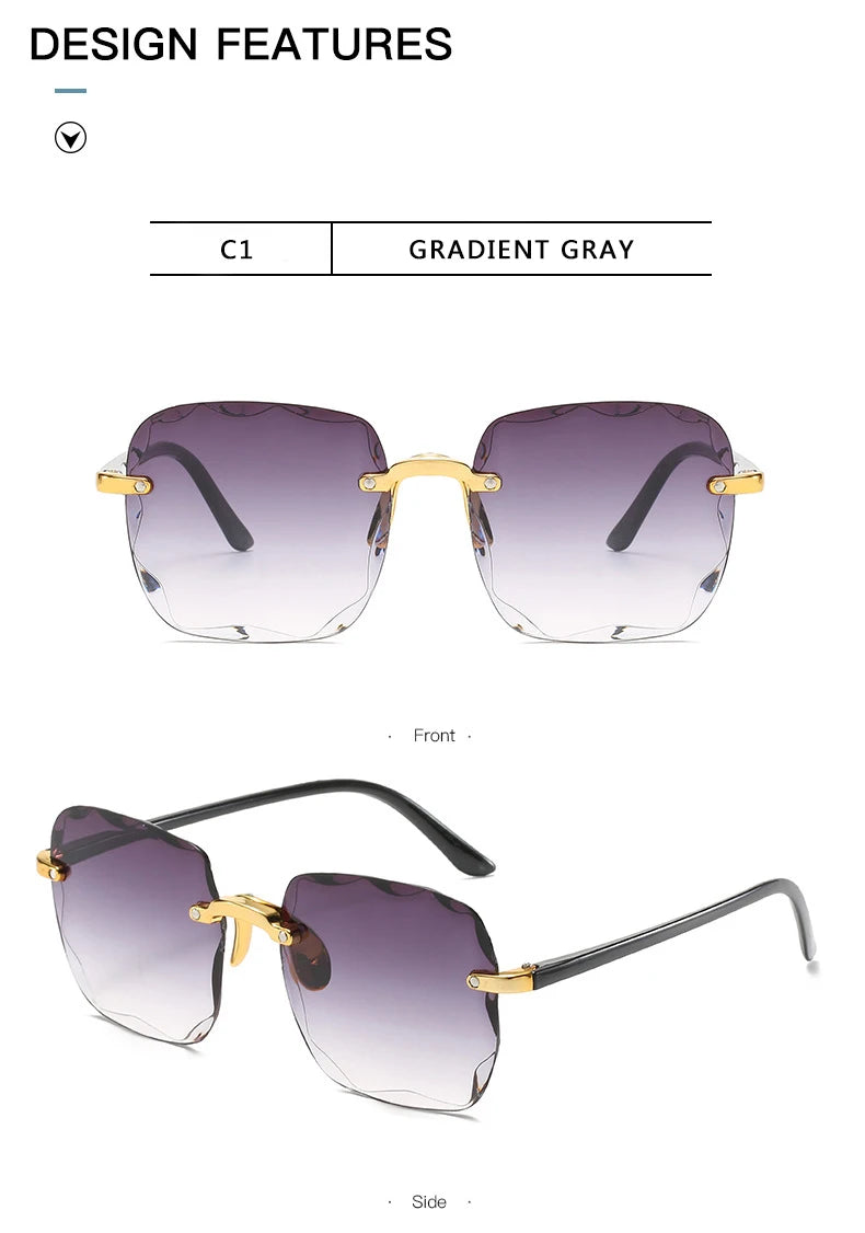 3PCS Square Rimless Sunglasses Women Luxury Brand Designer Summer Red Glasses Fashion Sun glasses For Men UV400 Shades Oculos