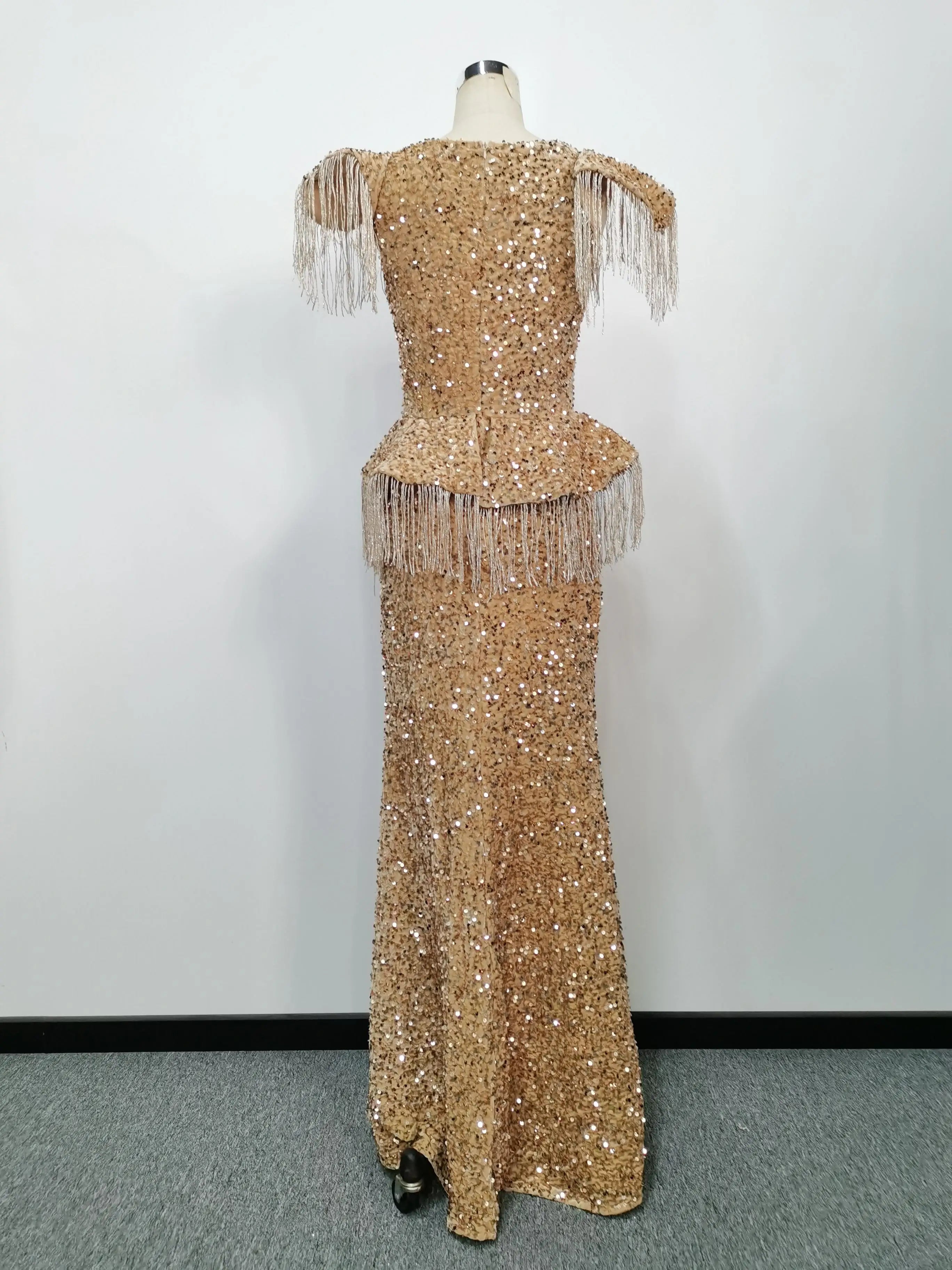 Party Dress Women Spring Autumn Sexy Tassel Sequin Sleeveless O-neck Slim Banquet Dinner Ladies Long Cloth Lugentolo
