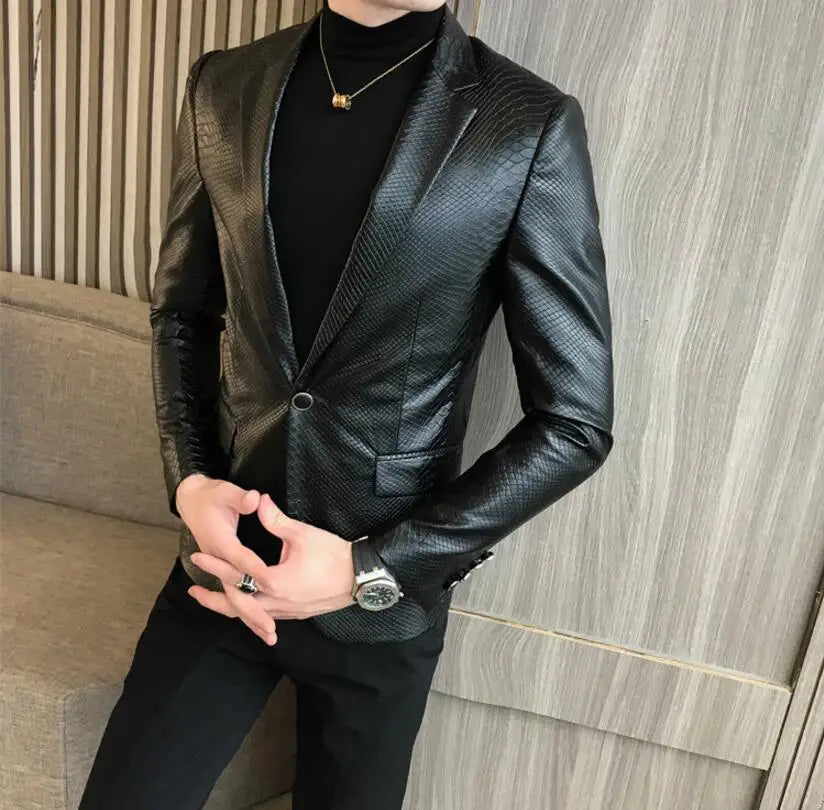 Slim Fit Blazers Jackets For Men PU Leather Suit Coats Men Leather Jackets Male Business Casual Suit Coats Man Blazers Size 4XL