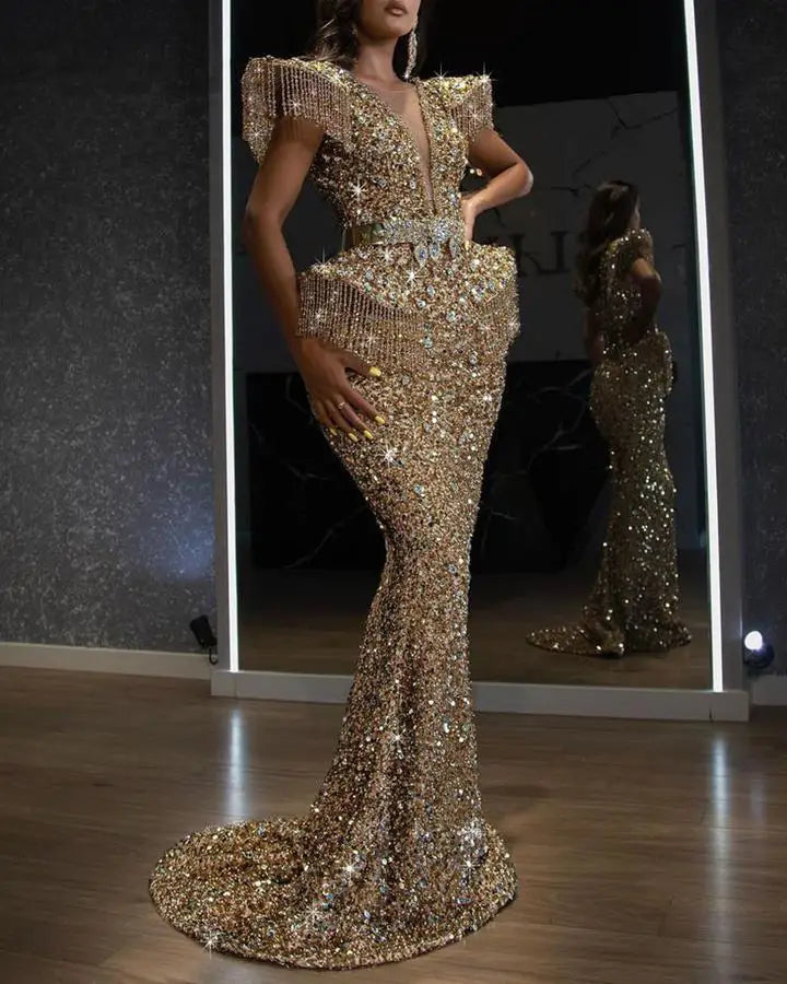 Party Dress Women Spring Autumn Sexy Tassel Sequin Sleeveless O-neck Slim Banquet Dinner Ladies Long Cloth Lugentolo