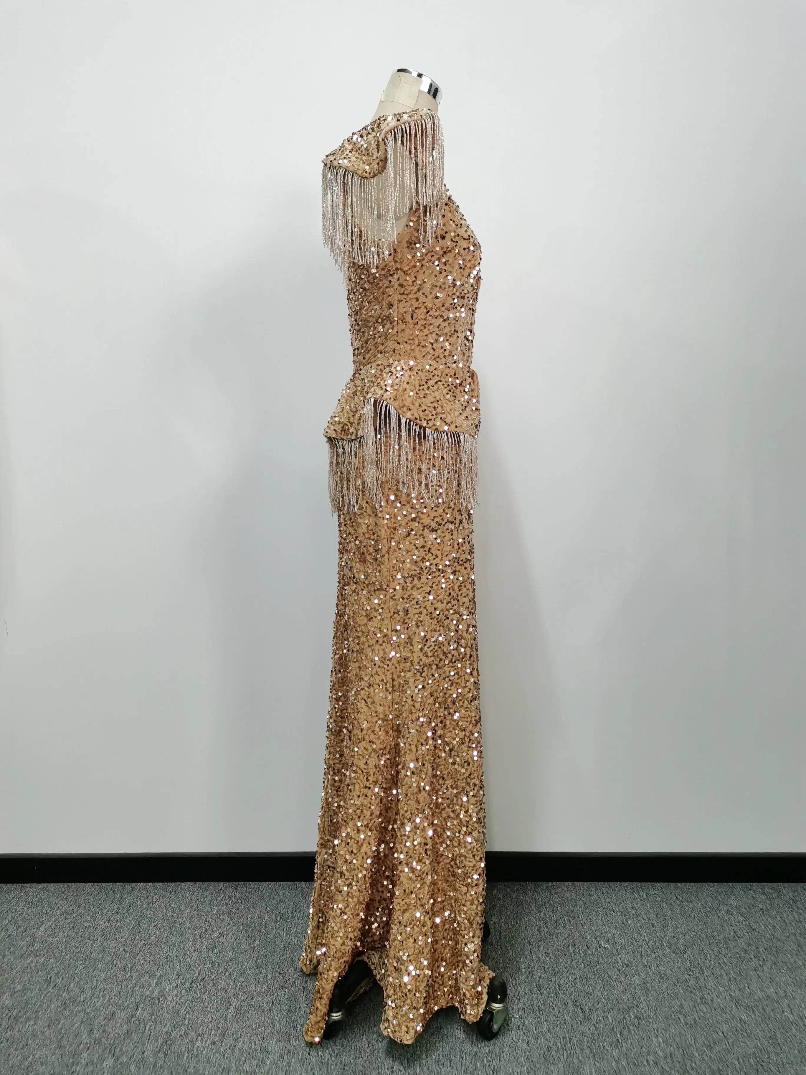 Party Dress Women Spring Autumn Sexy Tassel Sequin Sleeveless O-neck Slim Banquet Dinner Ladies Long Cloth Lugentolo