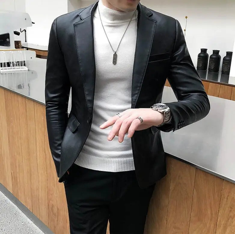 Slim Fit Blazers Jackets For Men PU Leather Suit Coats Men Leather Jackets Male Business Casual Suit Coats Man Blazers Size 4XL