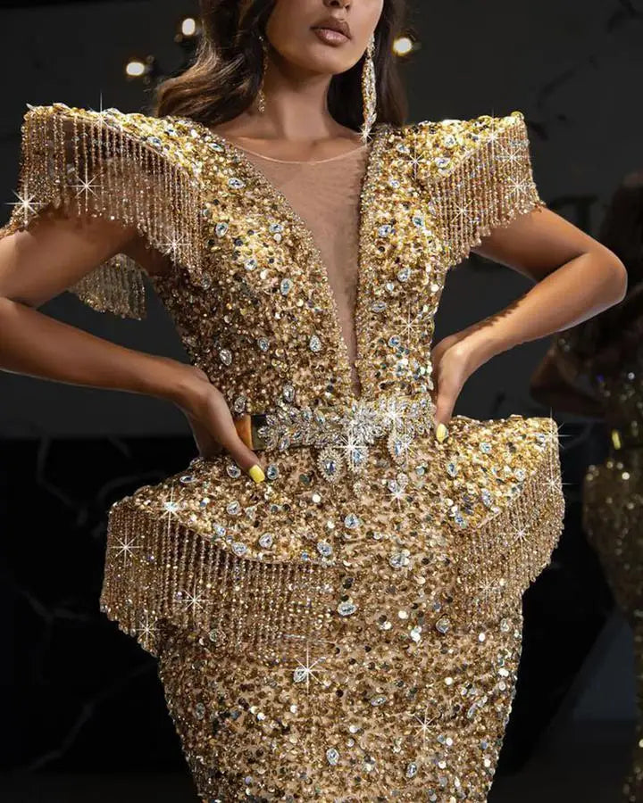 Party Dress Women Spring Autumn Sexy Tassel Sequin Sleeveless O-neck Slim Banquet Dinner Ladies Long Cloth Lugentolo