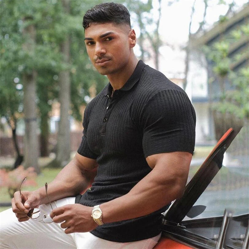 Gym Polo Shirt Men Fashion Turn Neck Short Sleeve Knitted Polos Sports Slim Fit Fitness Bodybuilding Workout Summer Clothing