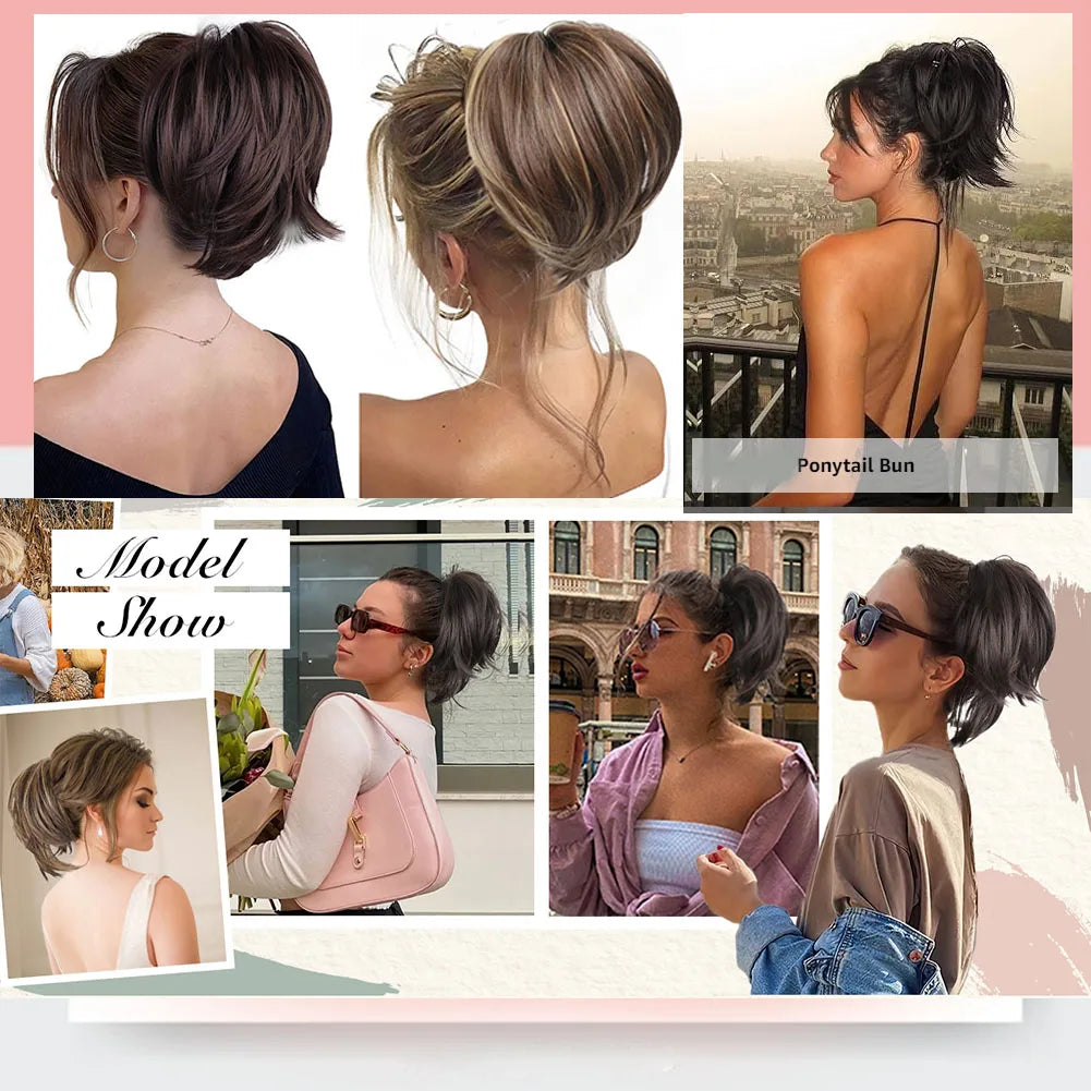 Short Ponytail Hair Bun Extensions Straight Hair Bun Synthetic Messy Bun Hairpieces Elastic Easy Scrunchies for Women