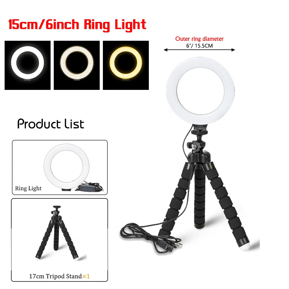 16CM Dimmable Ring Light Led Selfie Ringlight Photo Photography Lighting With Mobile Phone Self-Timer Tripod For Youtube Video