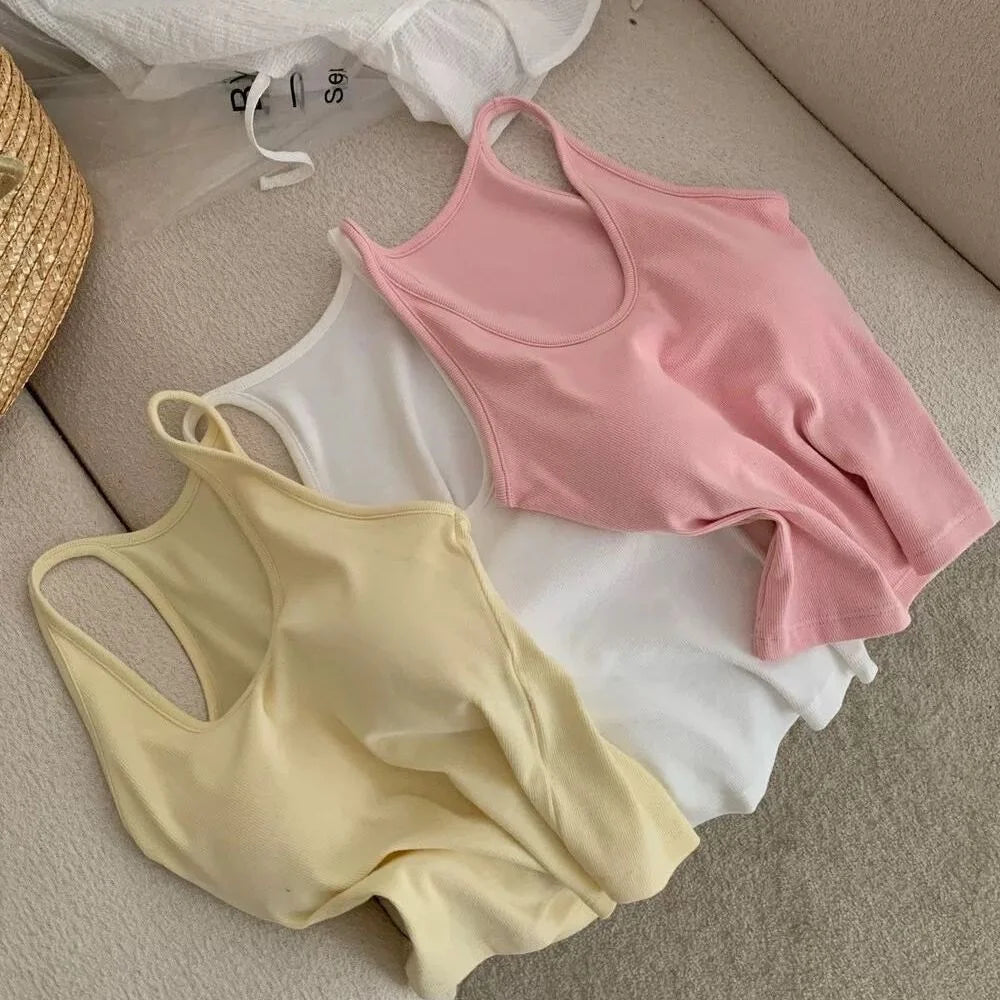Summer New Sle Sexy Pure Desire Hot Girl Slim Fit Tank Top Women's Padded Sports Bra Vest U-Ne ort Length Cotton Blend