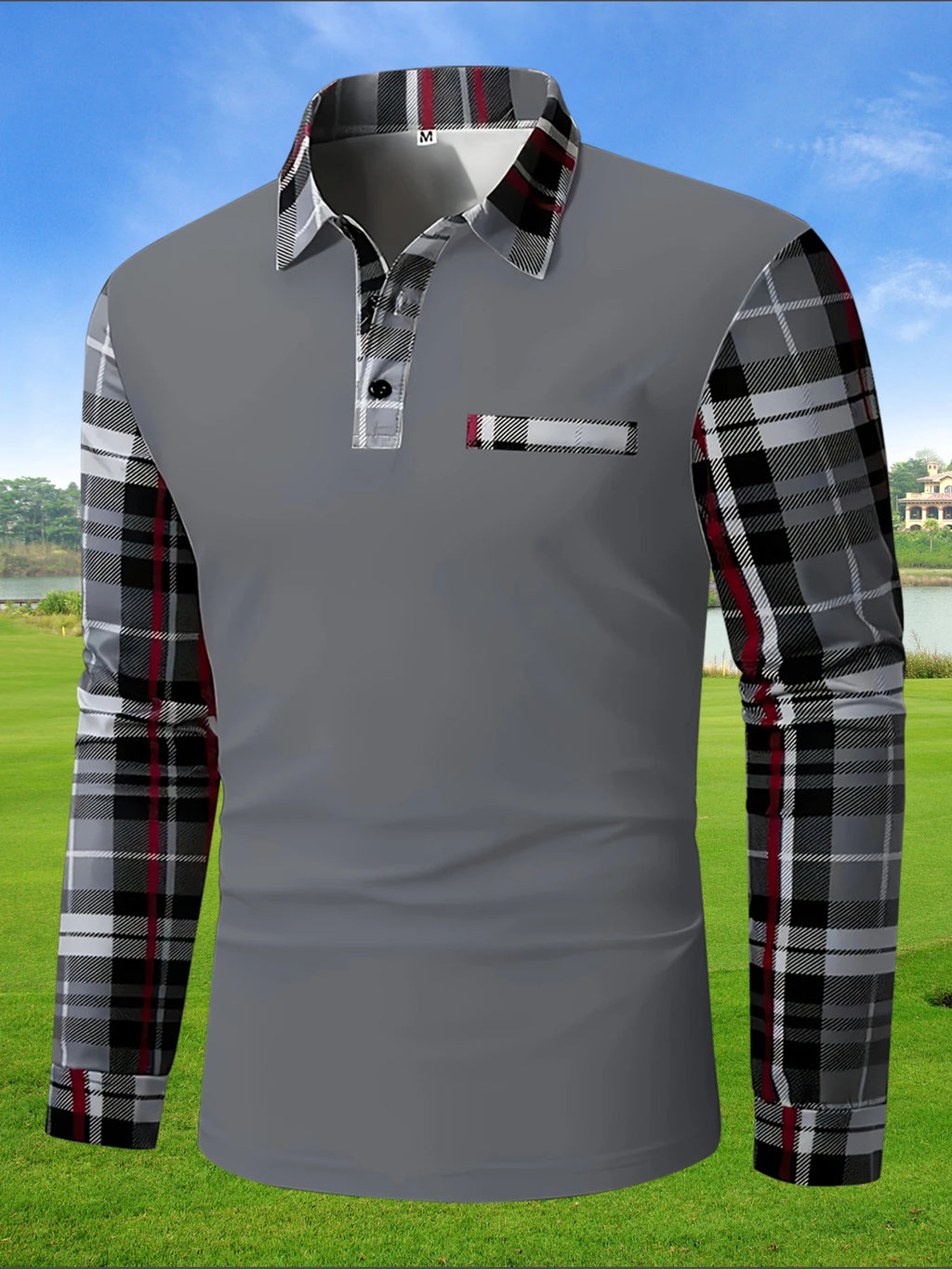 New men's long sleeved polo shirt, fashionable color blocking checkered T-shirt, street versatile sports T-shirt