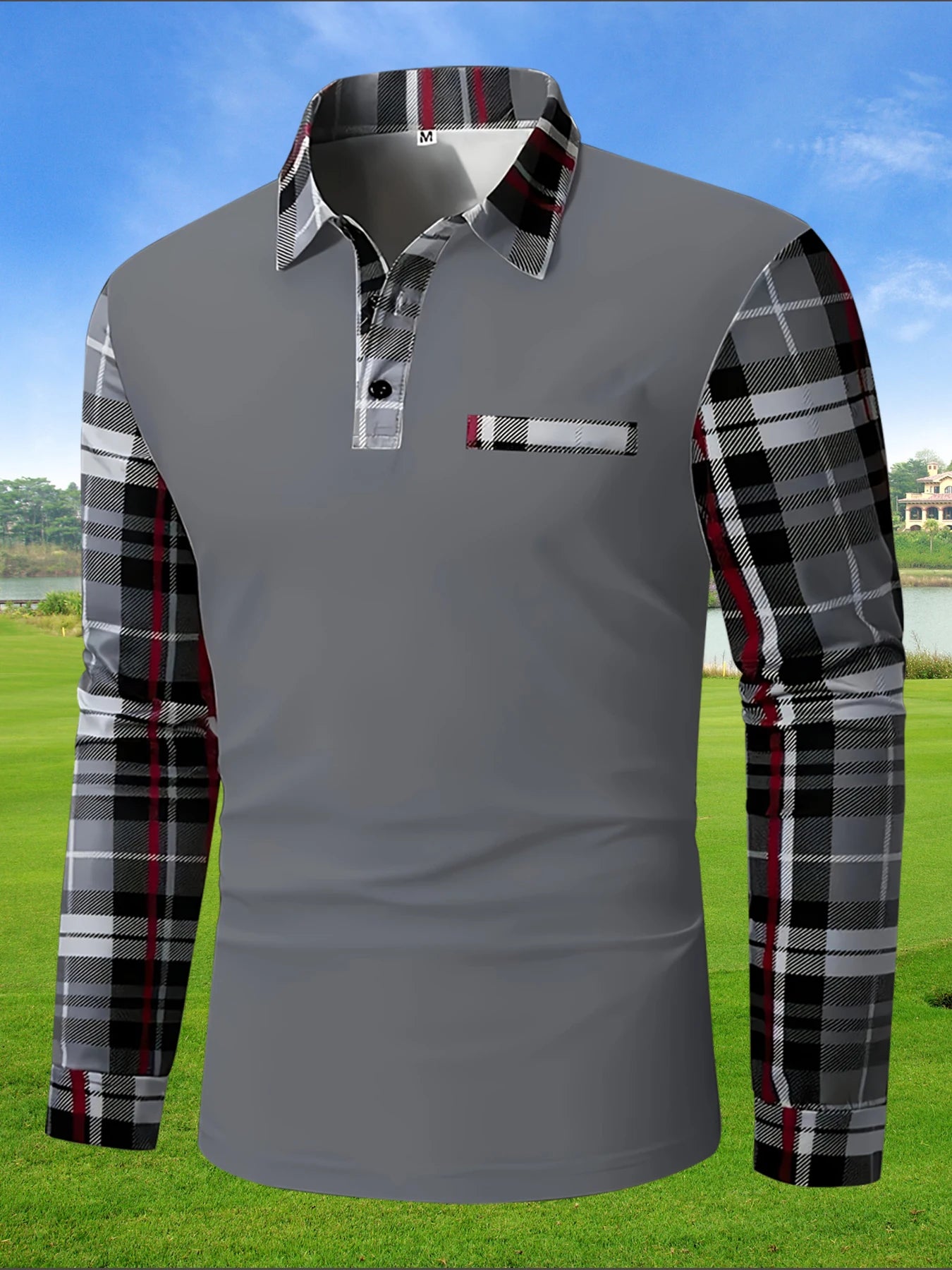 New men's long sleeved polo shirt, fashionable color blocking checkered T-shirt, street versatile sports T-shirt