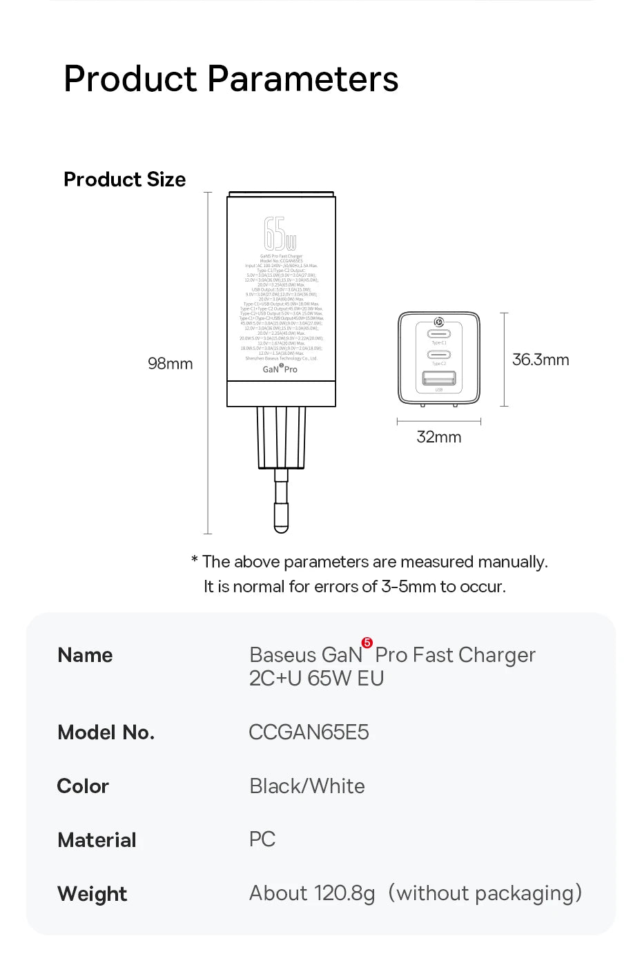 Baseus 65W GaN Charger Quick Charge Type C Phone Charger USB Charger Portable Fast Charger For Laptop iPhone 17 16 15 14 13