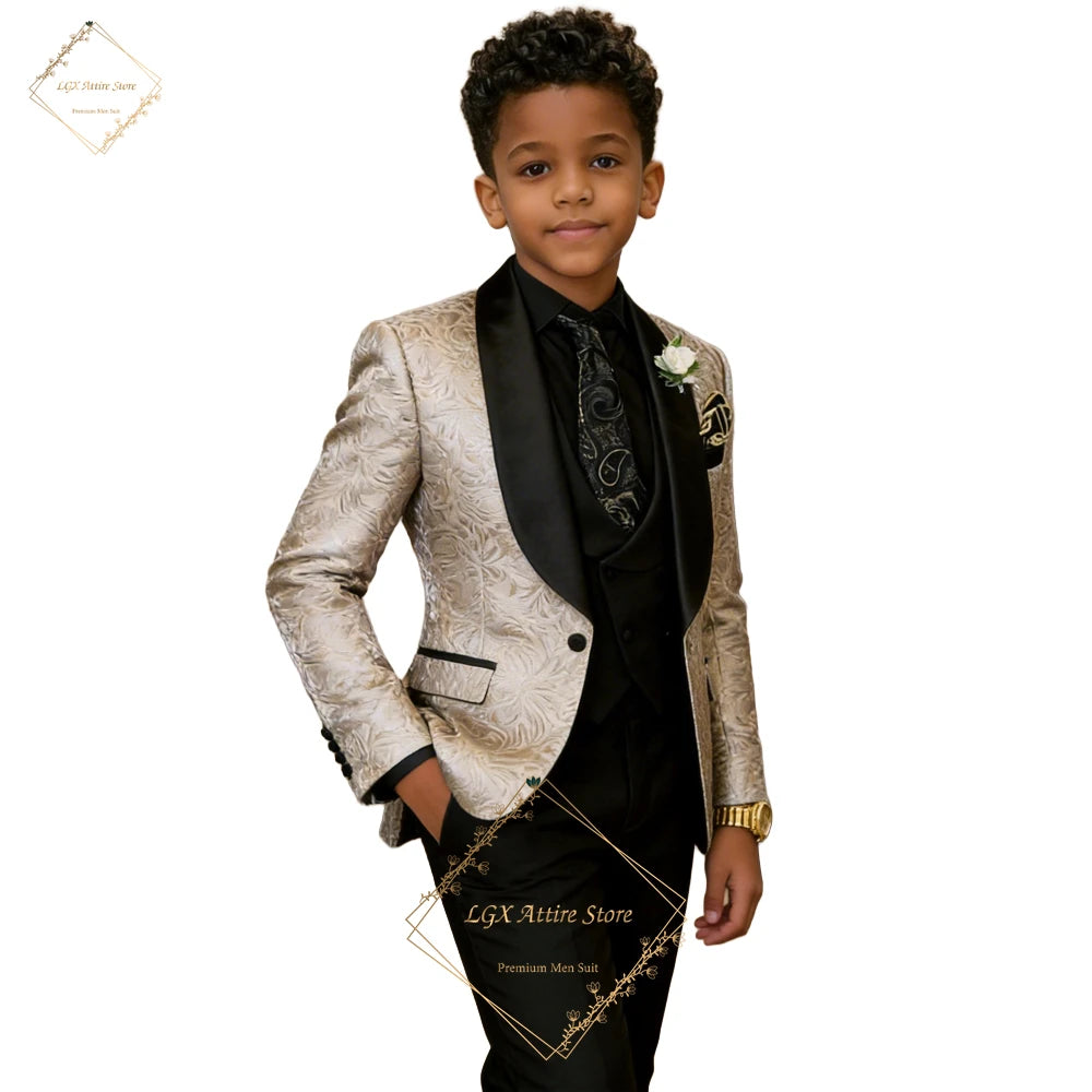 Boys' 3-Piece Suit – Champagne Jacquard Blazer with Black Shawl Lapel, Black Waistcoat & Trousers for Weddings & Events