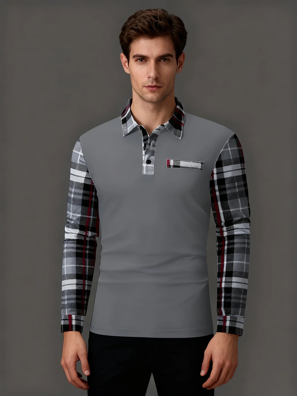 New men's long sleeved polo shirt, fashionable color blocking checkered T-shirt, street versatile sports T-shirt