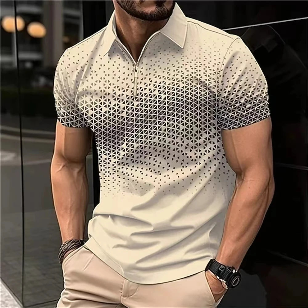 Men'S Polo Shirt Plaid Print Zip Polo T-Shirt Summer Short Sleeve Daily Casual Golf Shirt High Quality Tops Fashion Men Clothing