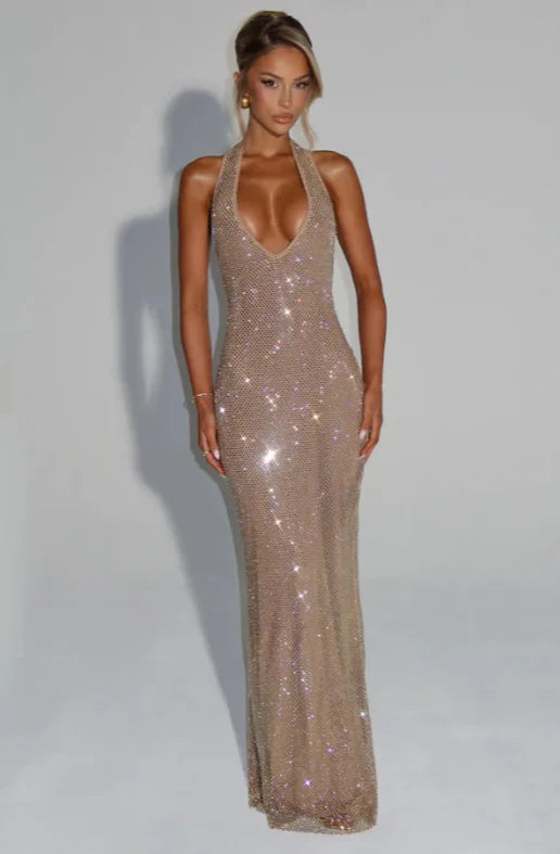 Giyu Sexy Sequined Mesh Diamond Club Evening Party Dresses Women 2025 Summer Autumn Sleeveless Backless Bodycon Maxi Long Dress