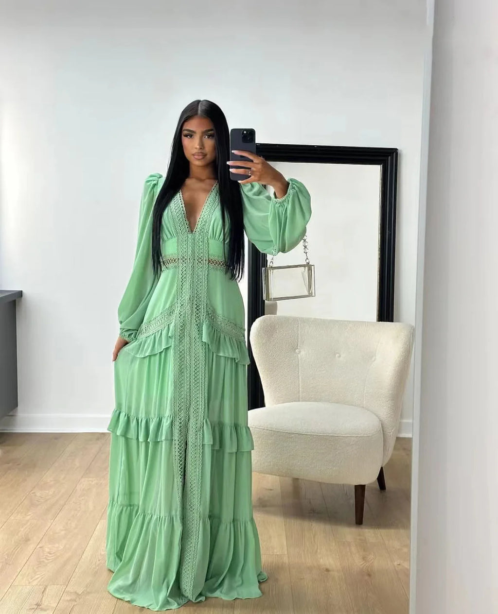 Elegant Womens Maxi Dress Ruffles Long Sleeve Hollow Out Evening Dresses Party Chic Robe Green Blue Purple New In Holiday Summer