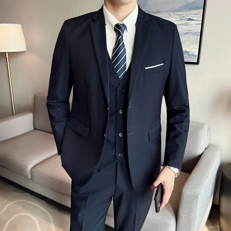 High quality fashion business casual (suit + vest + trousers) British style European and American wedding dress three-piece set