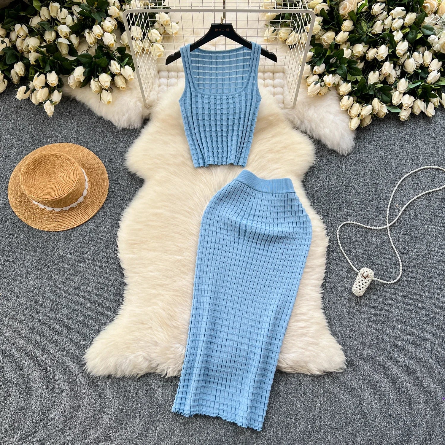 Summer Women Fashion Skirt Set Sexy Sleeveless Tank Tops High Waist Slim Long Saya Female Two Piece Suits Knit Solid Clothes