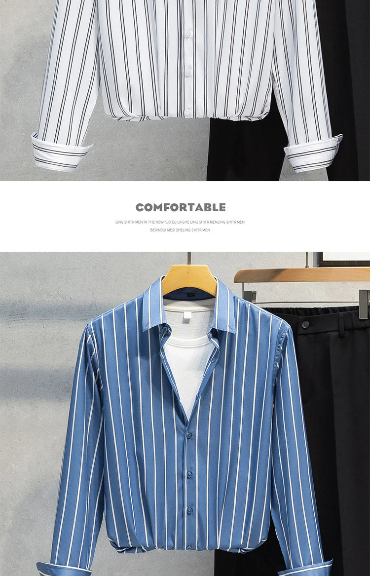 Mens Striped Shirts Korean Fashion Business Formal Wear Long Sleeve Men's Social Shirt Dress Slim Fit Elastic Office Blouse Male