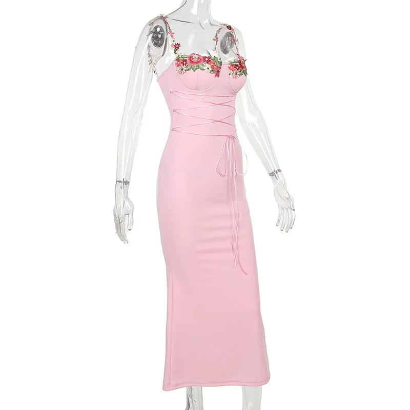 Y2K Sexy Sleeveless Backless Floral Maxi Long Dresses Outfits for Women Summer Lace Up Bandage Bodycon Party Club Dress Gift