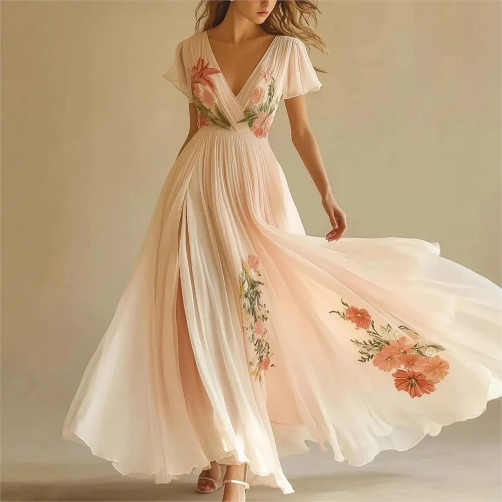 Lady Chic Floral Print Evening Party Dress Gown Women Elegant Short Sleeve High Waist V-neck Party Dresses 2025 Women Holiday