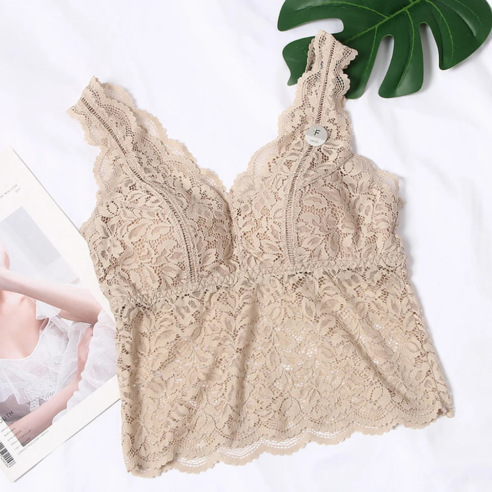 Summer Sexy Deep V Lace Vest With Breast PadsEmbroidery Floral Tank Top Wrapped Chest Camisole Padded Crop Tank Top For Women