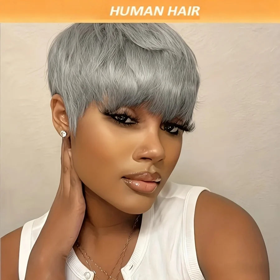 Women's Brazilian Grey Human Hair Wig - full machine made wig Short Straight Layered Pixie Cut, Natural Look with Soft Waves