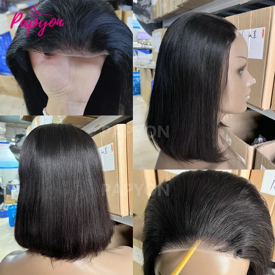 Short Straight Bob Wig, Glue-Free, Ready-to-Wear Real Hair Wig, Pre-Cut 4x4 Elastic Drawstring Upgraded Version