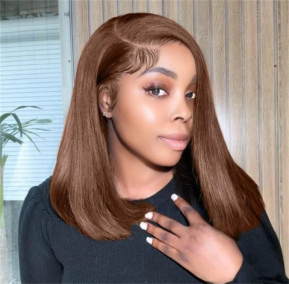 Chocolate Brown Bone Straight Short Bob Wigs 13x4 Lace Front Wigs Human Hair Brazilian Colored Human Hair Bob Wigs 180% Density