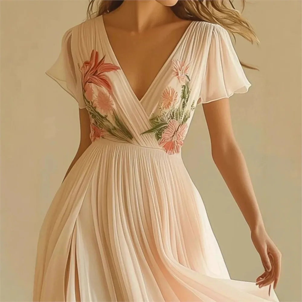 Lady Chic Floral Print Evening Party Dress Gown Women Elegant Short Sleeve High Waist V-neck Party Dresses 2025 Women Holiday