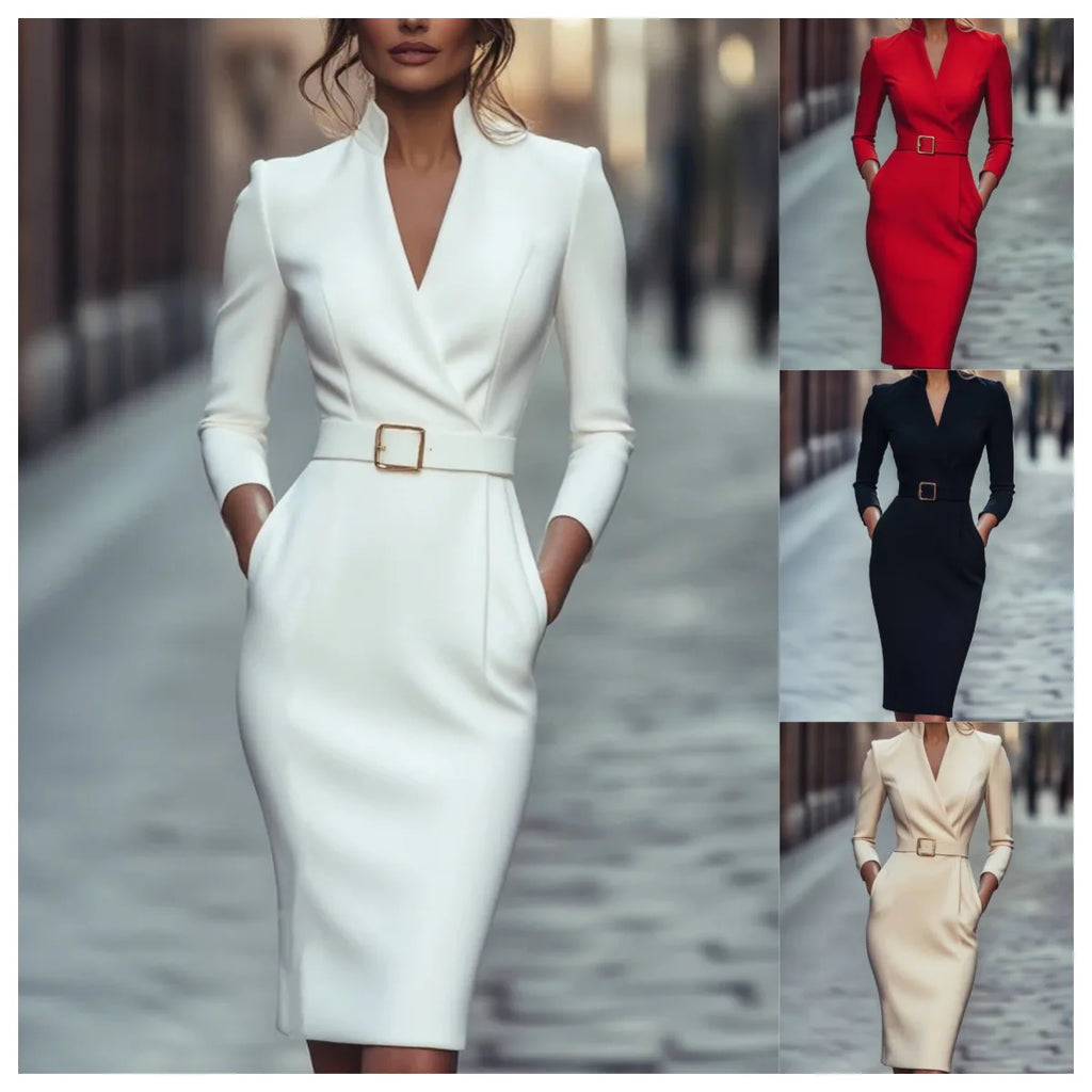 Elegant Party Prom Dress For Woman Spring Autumn Fashion V-neck High Waist Long Sleeves Mid-length Dresses Ladies Solid Vestidos