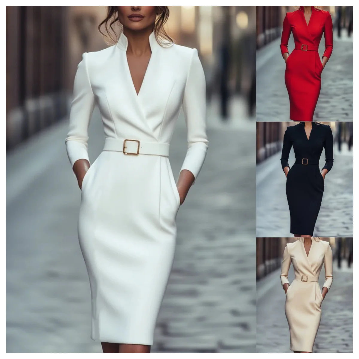 Elegant Party Prom Dress For Woman Spring Autumn Fashion V-neck High Waist Long Sleeves Mid-length Dresses Ladies Solid Vestidos