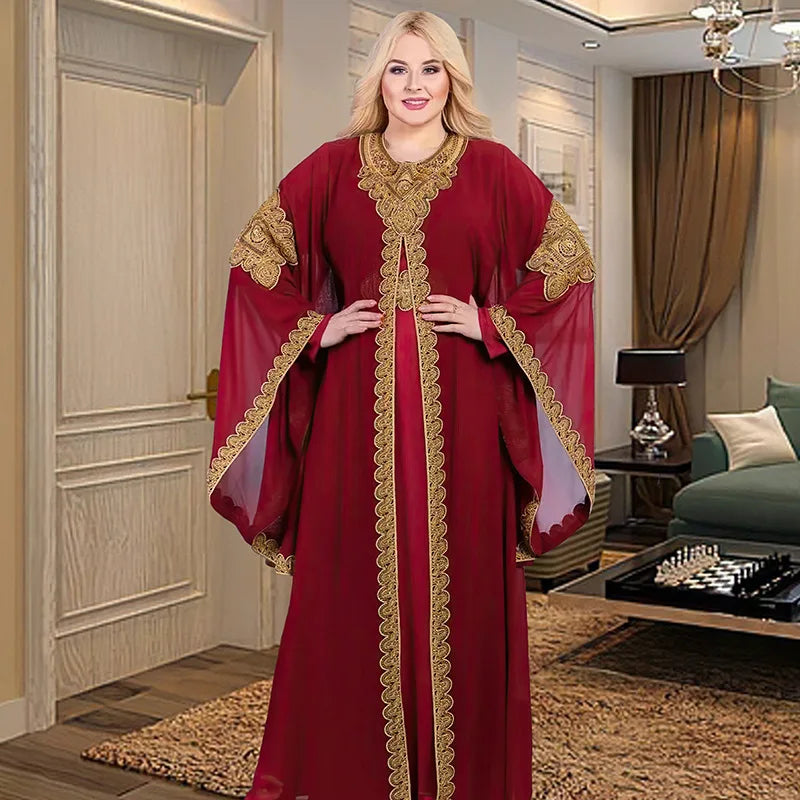 Party Dresses for Women Abaya Muslim Caftan 2 Piece Set Eid Flare Sleeves Robe Embroidered Gold Lace Dress Suit Jalabiya Ramadan