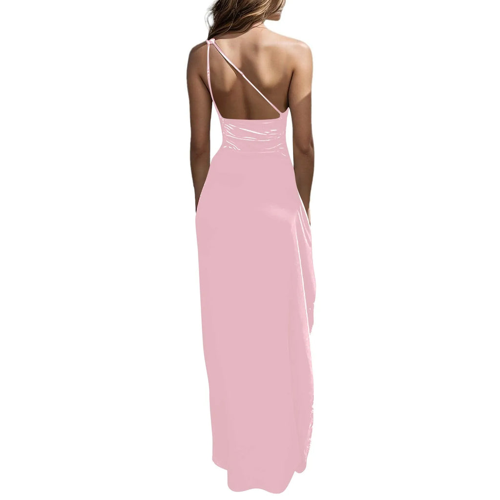 Ladies' High Split Pleated Cocktail Wedding Party Dress High-end Sexy Tight One Shoulder Satin Prom Dress Bridesmaid Clothes