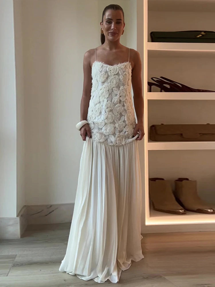 Stereo Flower Slip Dress Patchwork Chiffon Solid Color Rose Halter Robes Waist Cinching Suspender Women Pleated Long Dresses