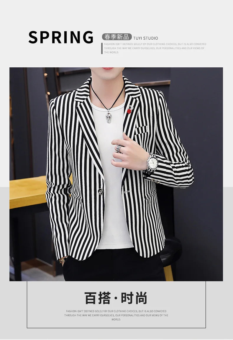 Mens Blazer Jacket 2022 New Suit Male Casual Korean Style Trendy Slim Striped Student Small Suit Jacket Hair Stylist Single Top