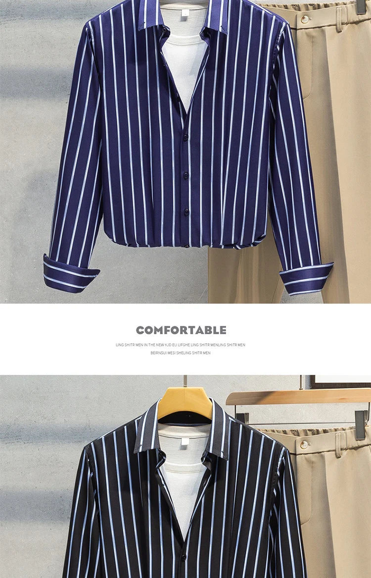 Mens Striped Shirts Korean Fashion Business Formal Wear Long Sleeve Men's Social Shirt Dress Slim Fit Elastic Office Blouse Male