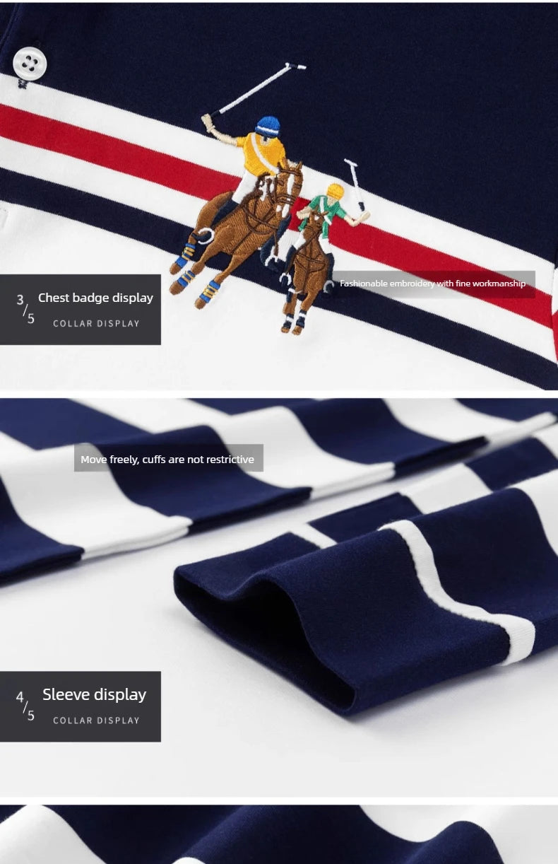 Polo Shirt Man Long Sleeve Cotton Casual Striped Polo Shirt Men Fashion Lapel Button Shirt Embroidery High Quality Breathable