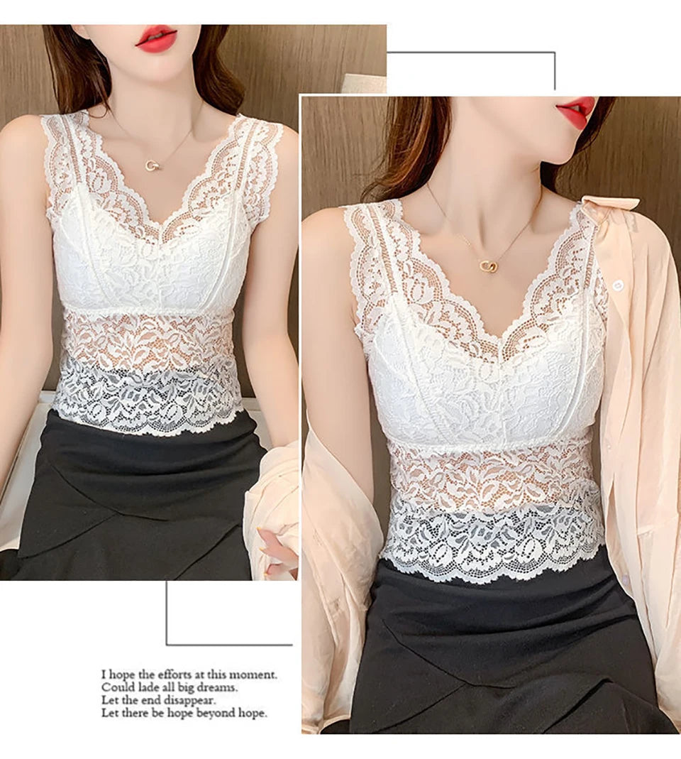 Summer Sexy Deep V Lace Vest With Breast PadsEmbroidery Floral Tank Top Wrapped Chest Camisole Padded Crop Tank Top For Women